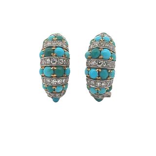 18kt Gold Clip Earrings with Diamonds and Turquoises