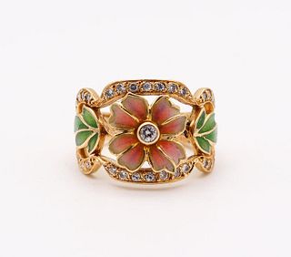 Masriera Art Nouveau Plique Ã  Jour Enamel Ring In 18Kt Gold With VS Diamonds