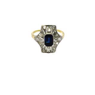 Art Deco 18k Gold Ring with Diamond and Sapphire