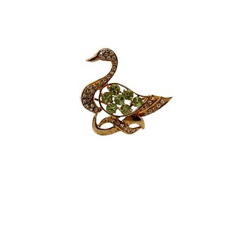18kt Gold Swan Pendant / Brooch with Diamonds and Peridots