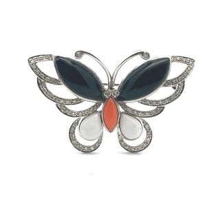 14kt Gold Butterfly Brooch with Diamonds, Onyx and Corals
