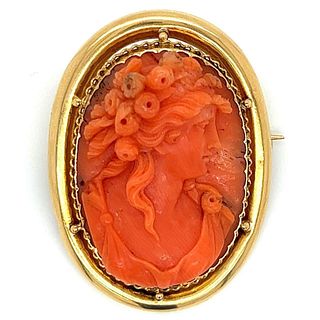 Antique 14K Yellow Gold Carver Coral Cameo Brooch