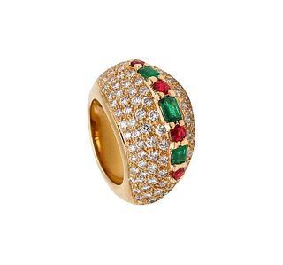 French Modern Cocktail Ring In 18Kt Gold With 7.32 Cts In Diamonds Emeralds & Rubies