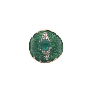 14 Kt gold enamel ring with Emerald and Diamonds