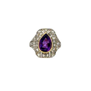 Art Deco 18k Gold Ring with Diamond and Amethyst
