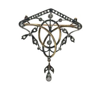 Antique 18k Gold and Silver Pendant Brooch with Diamonds