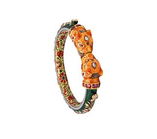 Mughal Empire Vintage Enameled Bracelet In 22Kt Gold With 8.93 Ctw Diamonds & Rubies