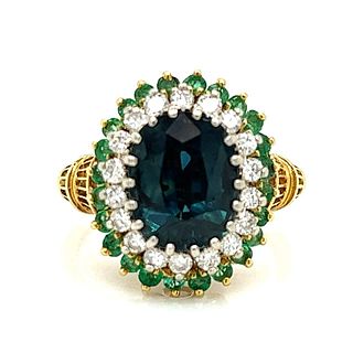18K Yellow Gold Sapphire, Diamond, and Emerald Ring