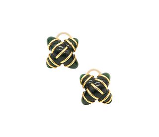 Angela Cummings Studios Criss Cross Clip Earrings In 18Kt Gold With Jade