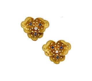 Tiffany Co. Retro Flowers Earrings In 18Kt Gold With Sapphires & Diamond