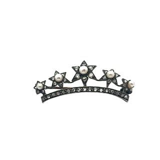 Victorian 18k Gold crown Brooch with Diamonds and Pearls