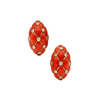Neapolitan Coral Quilted Convertible Earrings In 18 Karats Gold With VS Diamonds