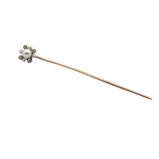 14kt Gold Tie Pin with Pearl and Diamonds
