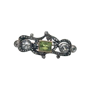 14kt Gold Brooch with Peridot, Rose cut Diamonds and white sapphires
