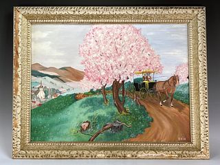 HORSE & CARRIAGE PAINTING SIGNED RAIN