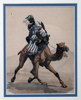 VINTAGE HAND-COLORED LITHOGRAPH - MAN ON CAMEL IN DESERT