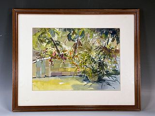 WATERCOLOR OF TROPICAL PLANTS ON TERRACE