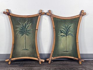 PAIR OF BAMBOO FRAMED HAND PAINTED TIKI PALM TREE PAINTINGS