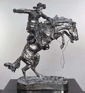 AFTER FREDERIC REMINGTON BRONCO BUSTER SILVER STATUE 