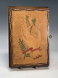 HAND INLAID WOODEN JEWELRY BOX HANDS & FLOWERS
