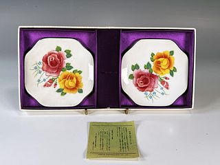 2 BRITE STAINLESS STEEL HAND PAINTED FLORAL DISHES IN BOX