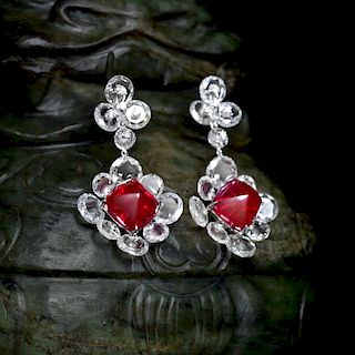 A Pair of Burmese Sugarloaf Cabochon Ruby and Diamond Earrings