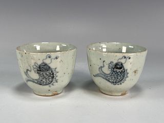 PAIR SMALL BLUE & WHITE FISH TEA CUPS