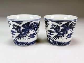 CHARMING BLUE & WHITE PHOENIX PORCELAIN TEA CUPS WITH SIX CHARACTER MARK