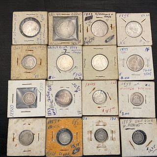 Group of 16 US Silver Coins Half Dime, Dime, Quarter, Half Dollar 1800s