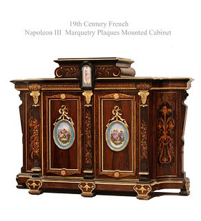 19th C. French Napoleon III Marquetry Plaques Mounted Cabinet