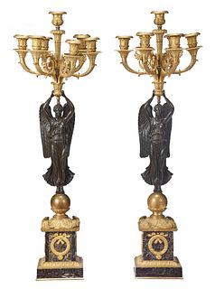 Pair of French Empire Gilt and Patinated Bronze Seven Light Candelabra