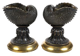 Pair of Patinated Bronze Nautilus Shell Candlesticks