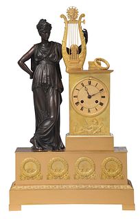 French Empire Gilt and Patinated Bronze Mantel Clock