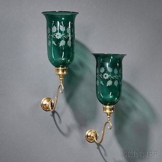 Pair of Etched Emerald Glass and Brass Wall Sconces