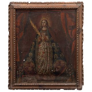 NUESTRA SEÑORA DE LA ASUNCIÓN DE SANTA MARÍA LA REDONDA. MÉXICO, SIGLO XVIII. Óleo sobre tela. 75 x 63 cm.