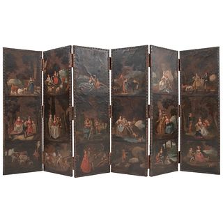 BIOMBO. MÉXICO, SIGLO XVIII. Óleo sobre cuero, a seis hojas. Decorado con escenas costumbristas en una cara. 173 x 51 cm (cada hoja).