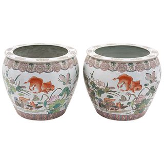 PAR DE PECERAS. CHINA, SIGLO XX. Elaboradas en porcelana. Decoradas con motivos florales y orgánicos. 36 x 41 cm