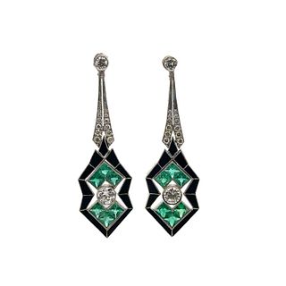 Platinum Drop Earrings with Diamonds, Emeralds and Onyx