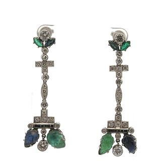 Platinum Deco style Earrings with Diamonds, Emeralds & Sapphires