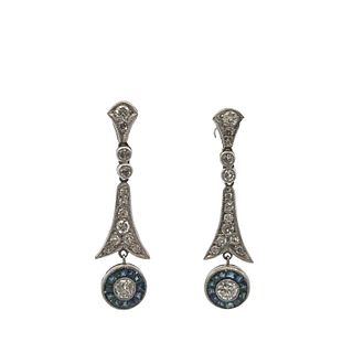 Art Deco revival Platinum Earrings with Diamonds and Sapphires