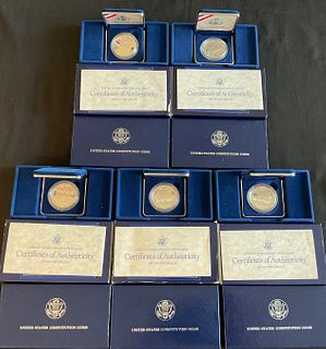 Group of 5 US 1987 Proof Silver Dollar Constitution Coins