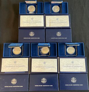 Group of 5 US 1987 Uncirculated and Proof Silver Dollar Constitution Coins