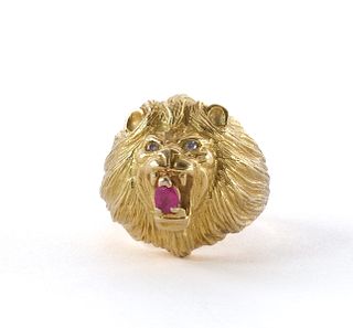 18k Gold Diamond & Ruby Figural Lion Ring