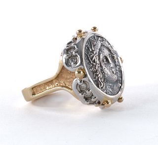 14K Diamond Ancient Coin Ring: Medusa Head