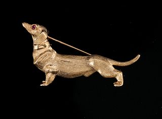 14K Figural Dachshund Dog Brooch