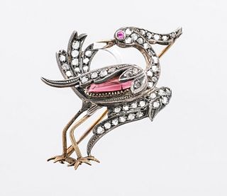 Edwardian Figural Diamond & Gemstone Bird Brooch