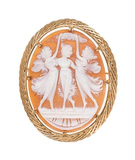 Antique 14K Shell Carved Cameo Three Muses Pin