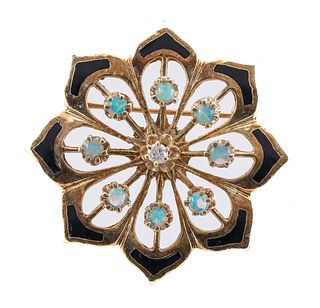 Antique 14k Opal Diamond Enamel Art Nouveau pin