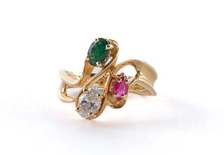 Ladies 14K Gold Diamond Emerald Gemstone Ring