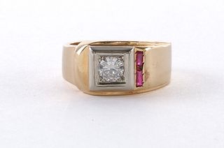 Mens 14 Karat Gold Diamond and Ruby Ring